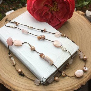 Silpada Necklace Rose Quartz Pearl Wood Beads Pink